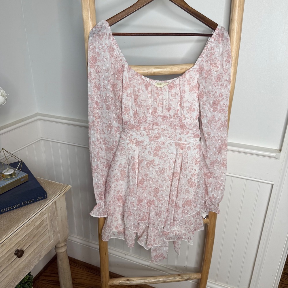 Thirty/Thirty LA Pink Floral Clip Dot Tiered Ruffle Mini Dress Square Neck M